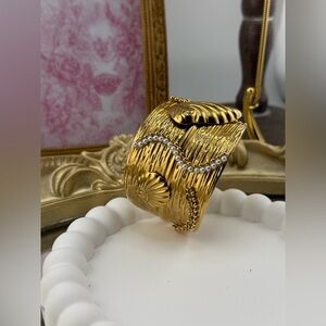Anthropologie Gold Textured Cuff Bracelet with Pearl Detail
